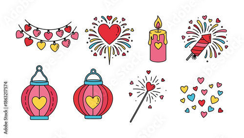 Valentine's Day Embellishments: Adorable graphic collection showcasing the essence of love, featuring decorative heart lights, fireworks, candle, lanterns, and love wands.
