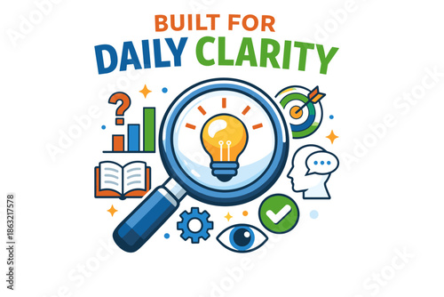 Built for daily clarity: magnifying glass with lightbulb and colorful icons