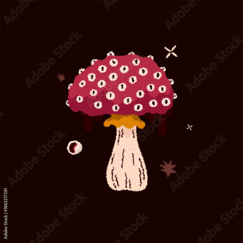 Magic mushroom with eyes. Psychedelic hallucinations. Mysterious autumn witchy forest. Vector illustration.