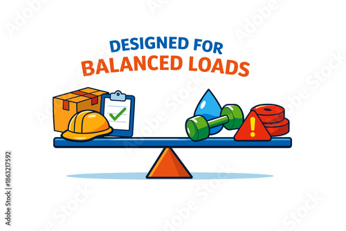 Balanced loads concept with hard hat, box, weights, and clipboard on seesaw design