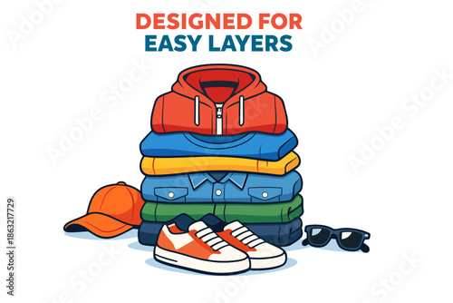 Colorful stacked clothing with accessories for easy layering