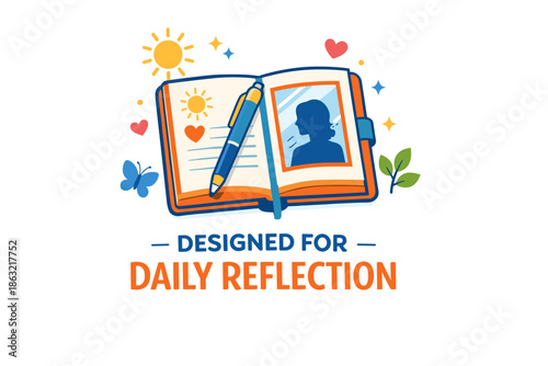Daily reflection journal with sun, hearts, and nature motifs