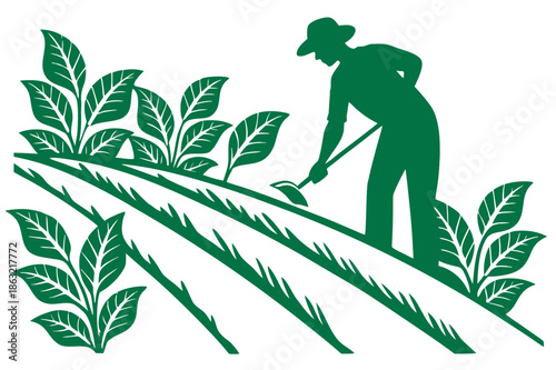 Silhouette farmer tending to crops in a lush green field