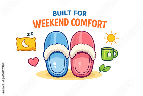 Cozy slippers: built for weekend comfort with sun and coffee icons