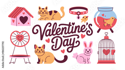 Valentine's Day Pet Delight: An adorable collection of cartoon animals and pet accessories, perfect for a heartwarming Valentine's Day greeting.