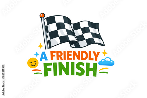 Checkered flag and cheerful emoji illustrating friendly race finish