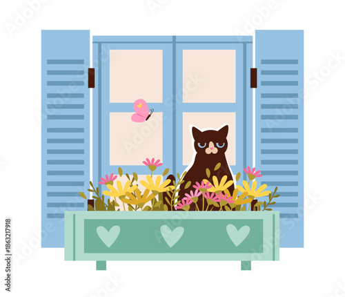 Fotografie Cat Sitting in Window Flower Box with Butterfly