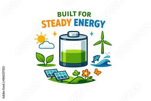 Eco-friendly energy sources: battery with solar, wind, and natural elements