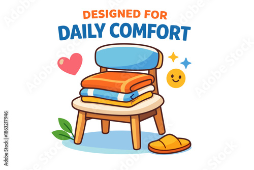 Wooden chair with folded blankets and slippers showcasing daily comfort concept