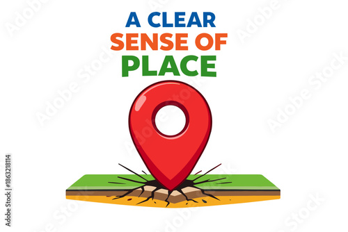 Geographic icon on cracked earth with text: a clear sense of place