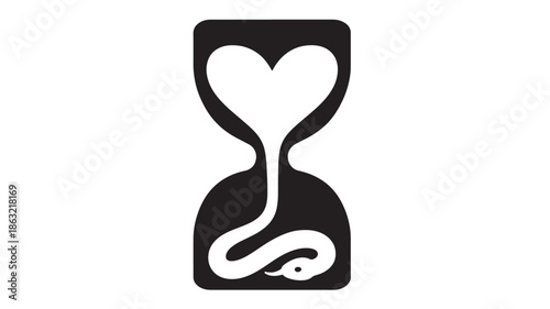 Minimalist black silhouette hourglass with a heart-shaped top and a winding snake in the bottom chamber, high-contrast vector on white background