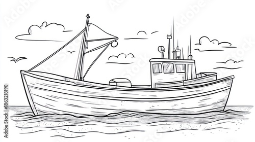 Hand drawn fishing boat at sea