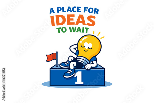Playful lightbulb winning first place on podium with relaxed expression