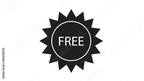 Black starburst free badge with white circle and 'FREE' text, bold vector icon for download offers, attention-grabbing seal design