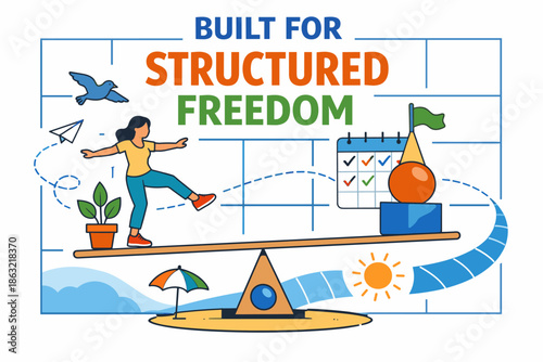 Balancing structured freedom concept with female character on seesaw