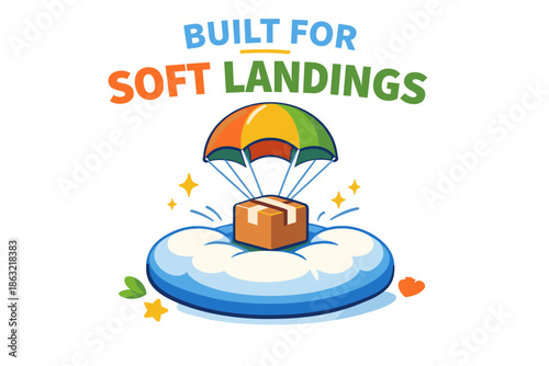 Colorful parachute delivers package to safe landing on soft cushion