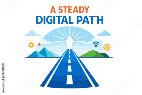 Digital path with road leading to arrow and technology icons