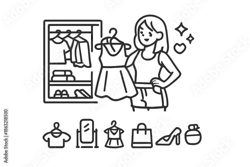 Woman Picking Dress from Wardrobe with Fashion Icons