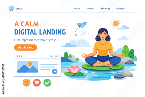 Calm female meditating on digital landing page design with of nature elements