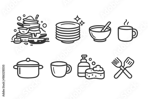 Kitchen Utensils and Cleaning Icons Set