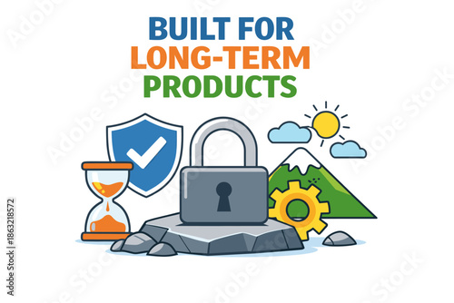 Long-term product durability concept with padlock and hourglass symbol