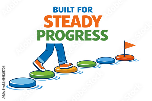 Built for steady progress steps with orange shoes on colorful stones