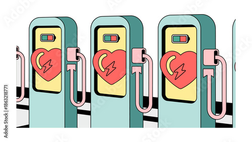 Recharging Life's Energy: Conceptual artwork depicts electric vehicle charging stations, stylized with hearts to symbolize a connection to vitality and well-being.