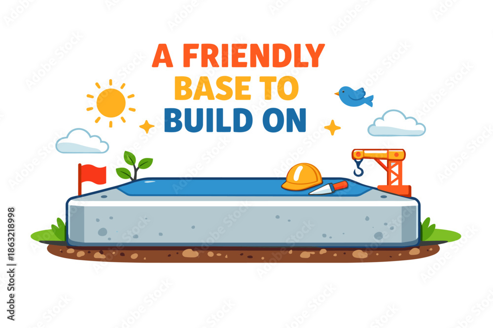 Obraz premium Cartoon construction theme with foundation base, tools, and nature elements