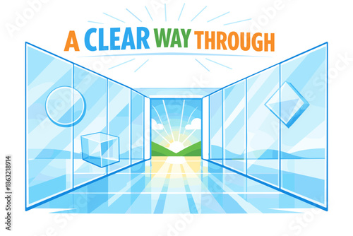 Bright pathway through glass panels with geometric shapes and sunny landscape