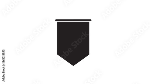 Black pennant banner icon with a flat top bar and a downward pointed pennant, minimalist vector silhouette on white background for web graphics