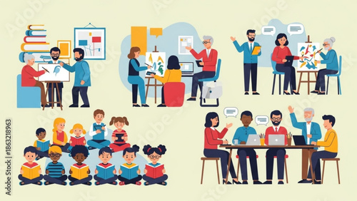 A diverse group of people engaging in collaborative learning and teamwork activities in various settings
