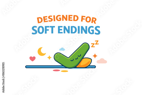 Cozy soft endings graphic with sleepy cartoon character and stars