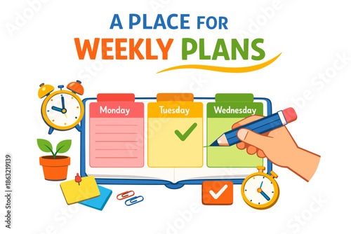 Colorful weekly planner with days labelled and decorative elements