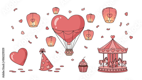 Love in the Air: An artistic depiction of love, joy, and celebration. A heart-shaped hot air balloon ascends alongside floating lanterns, confetti, and celebratory objects.