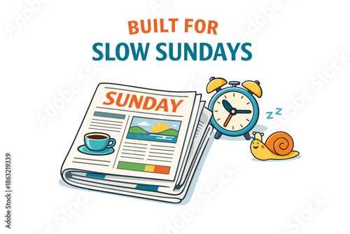 Cozy sunday relaxation with newspaper, coffee, clock, and sleeping snail