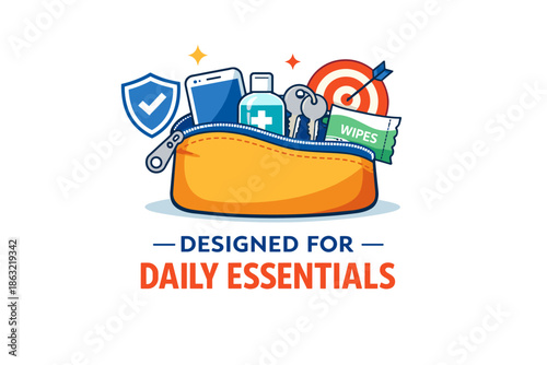 Essential items in pouch with keys, first aid, shield, and target design