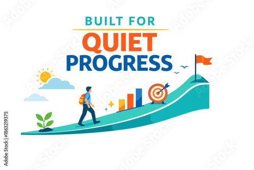 Motivational graphic of hiking progress toward goals with charts and flag