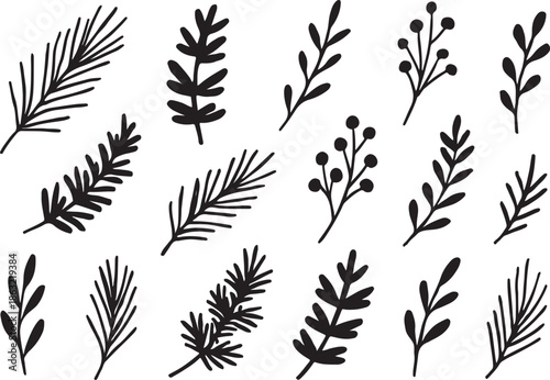 Decorative Plant Stems and Leaves Silhouette Icons