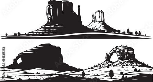 Desert Rock Formations and Mesa Landscape Icons.