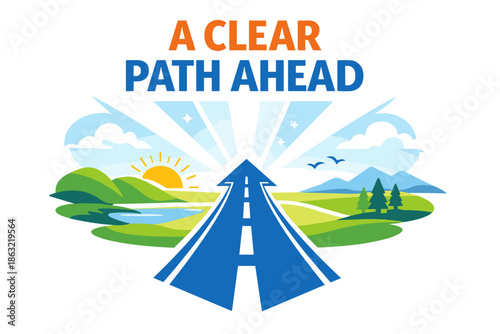 A clear path ahead: road to success visualization with sunrise and nature elements