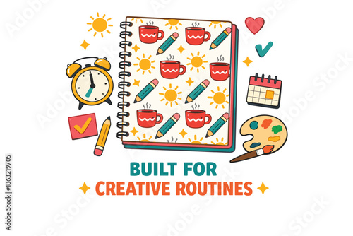 Creative routines notebook with coffee, sun, and art icons
