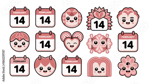 Valentine's Day Icon Set: A collection of charming Valentine's Day-themed icons, featuring heart shapes, calendars, and adorable character designs in soft, loving tones.