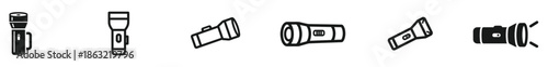 A collection of various flashlight icons in black and white on a plain background