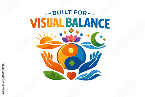 Colorful yin yang with sun, moon, hands, and lotus for visual balance