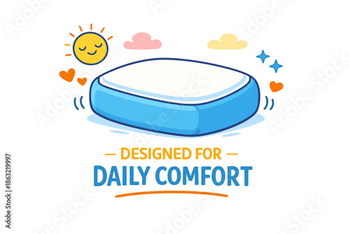 Comfortable blue pillow with sun and cloud illustrations for daily relaxation