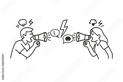 Angry people arguing through megaphones