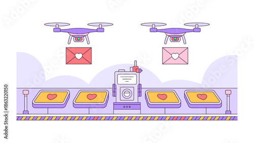 Love Delivery: Drones carry romantic letters with heart symbols for delivery