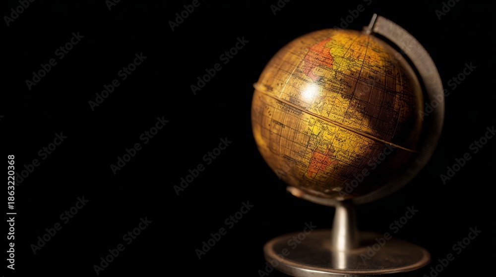 Fototapeta premium axis. Vintage globe rotating on polished metal axis with detailed texture under warm light. tourism brochures, itinerary planners, designed for travel destination branding, used by content creators. 