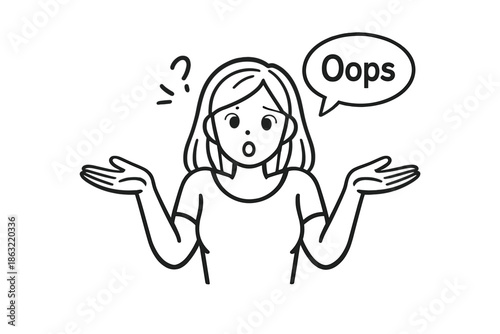 Woman shrugging with 'Oops' speech bubble
