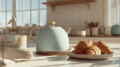 Kitchen counter displaying a pastel kettle and a plate of fresh croissants bathing in warm morning light, creating a cozy and inviting domestic breakfast scene